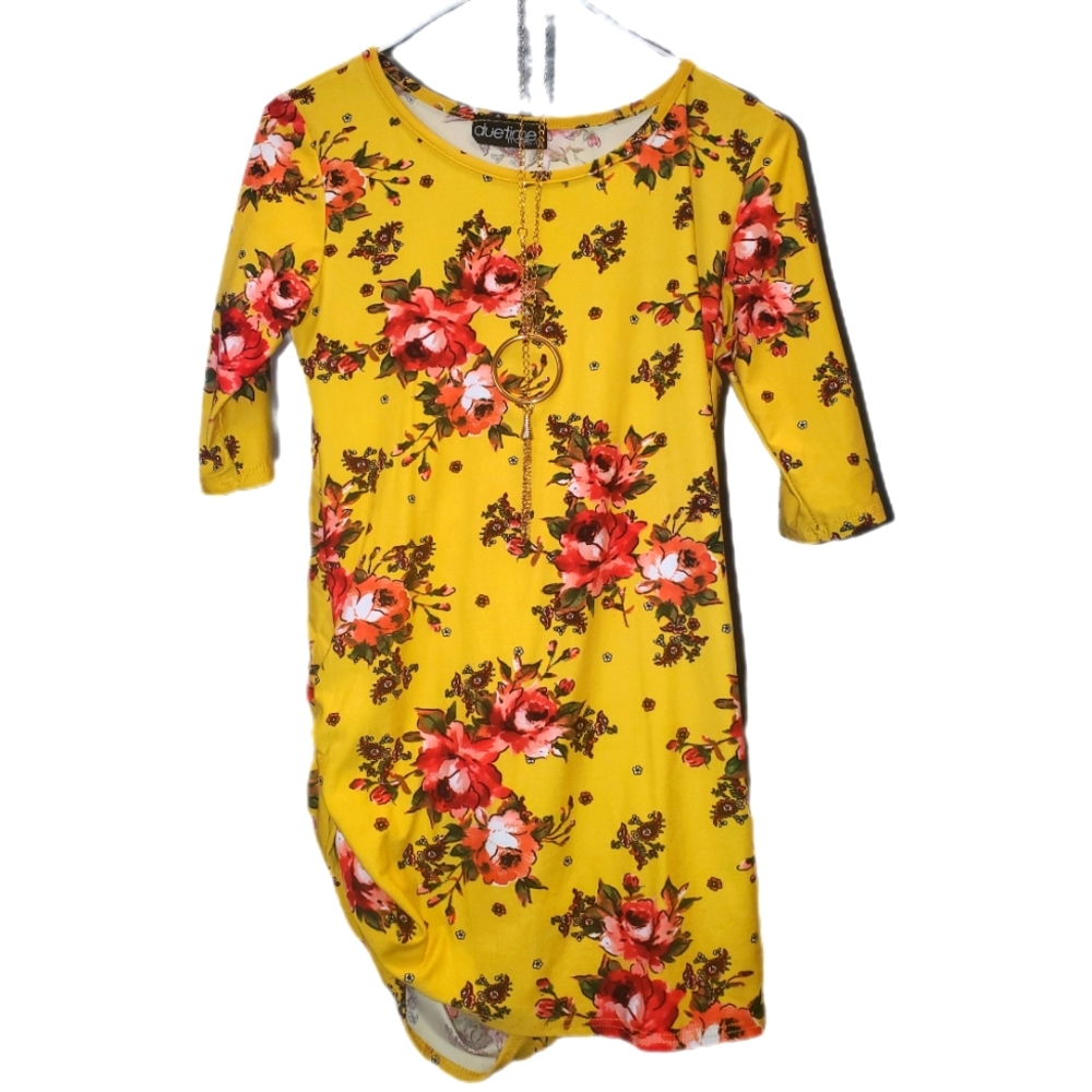 Yellow with pink floral print maternity  blouse with gold necklace. Size small.